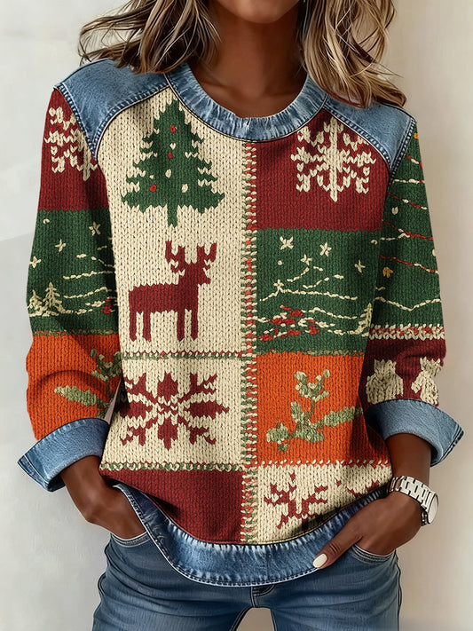 Women's Christmas Contrast Patchwork 3D Print Denim Sweatshirt