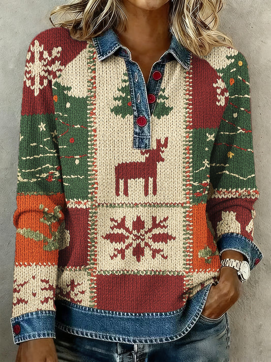 Women's Christmas Contrast Patchwork 3D Print Round-Neck Long-Sleeve T-Shirt