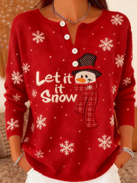 Women's Christmas Snowman Print Button Top
