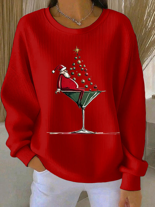 Women's Santa Claus Printed Ribbed Round-Neck Sweatshirt