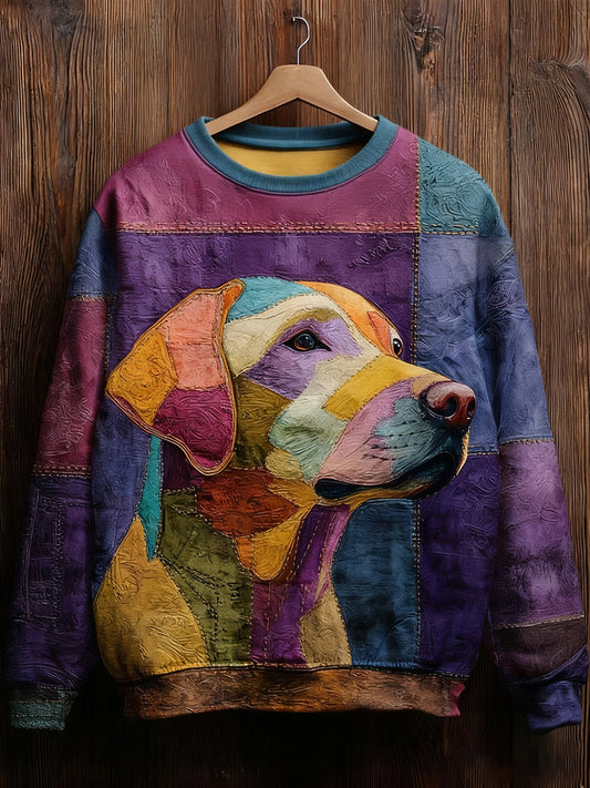 Women's Vintage Patchwork Dog Art Print Casual Sweatshirt