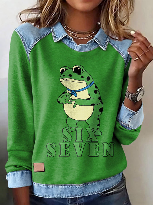 Women's Funny 67 Six Seven Portland Frog Printed  Casual Long Sleeve Top