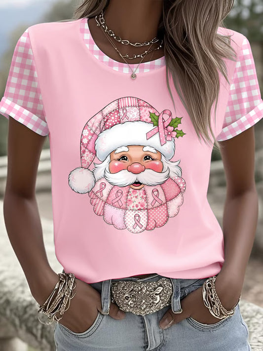 Women's Breast Cancer Awareness Santa Claus Print Short Sleeve T-shirt