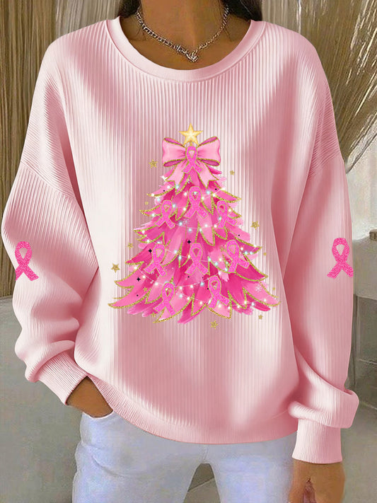 Women's Breast Cancer Awareness Christmas Tree Pink ribbon Ribbed Round-Neck Sweatshirt