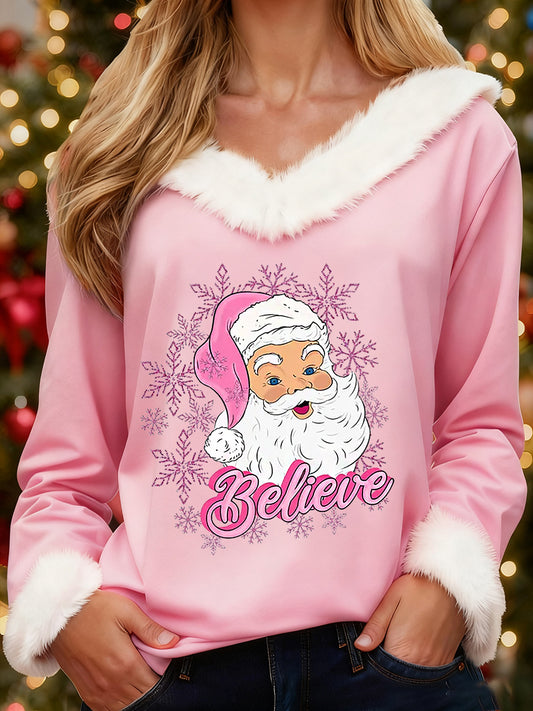 Women's Merry Christmas Christmas Santa Claus Print Casual Fur-Collar Top