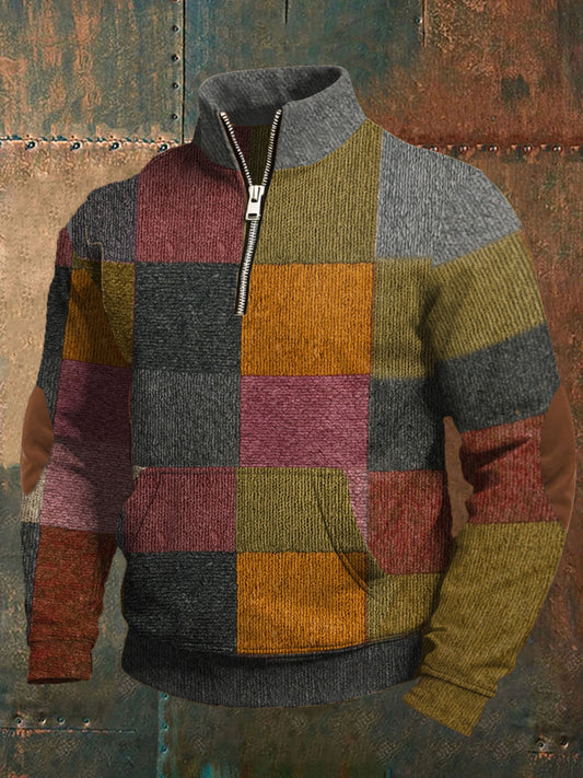 Men's Retro Color Block Print Zip-Up Pullover