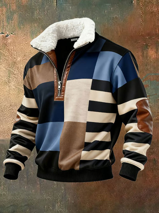 Men's Retro Color Block Print Casual Fur Collar Long Sleeve Sweatshirt