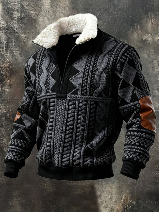 Men's Retro Color Block Print Casual Fur Collar Zip-up Hoodie
