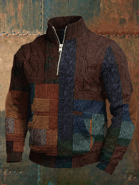 Men's Retro Color Block Print Zip-Up Pullover