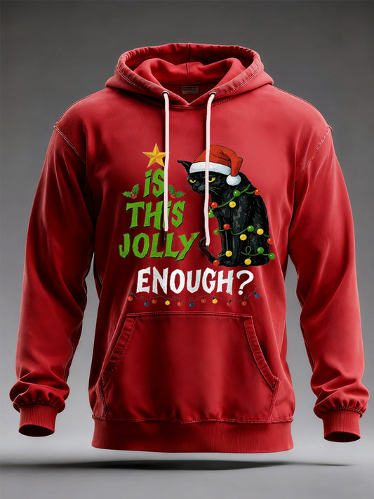 Men's Funny Christmas Black Cat Is This Jolly Enough? Casual Hoodie