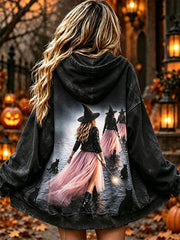 Women's Pink Witch Print Zip-Up Hoodie
