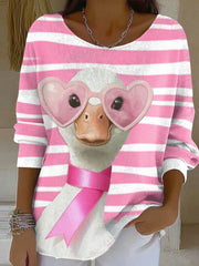 Women's Pink Ribbon Animals Print Round Neck Ribbed Top