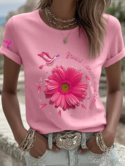 Women's Breast Cancer Awareness Sunflower Pink Ribbon Short Sleeve T-shirt