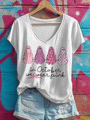 Women's In October We Wear Pink Ghosts Print V-Neck T-Shirt