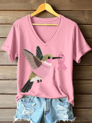 Women's Hummingbird Pattern Felt Art V-Neck T-Shirt