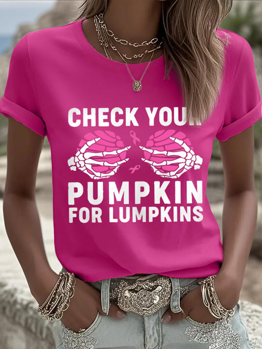 Women's Check Your Pumpkins For Lumpkins Halloween Breast Cancer Awareness Tee