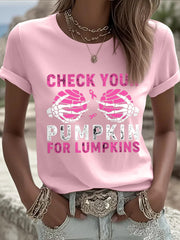 Women's Check Your Pumpkins For Lumpkins Halloween Breast Cancer Awareness Tee