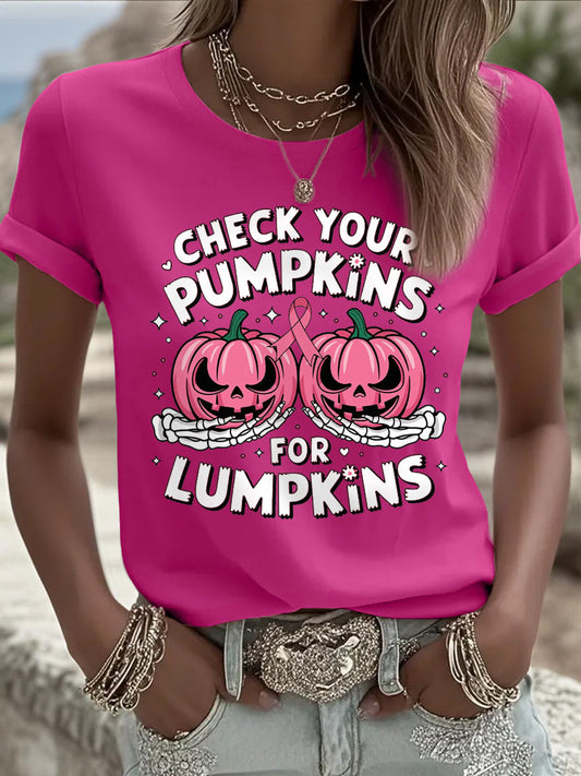 Women's Check Your Pumpkins For Lumpkins Halloween Breast Cancer Awareness Tee