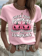 Women's Check Your Pumpkins For Lumpkins Halloween Breast Cancer Awareness Tee