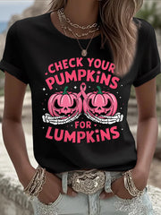 Women's Check Your Pumpkins For Lumpkins Halloween Breast Cancer Awareness Tee