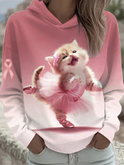 Women's Breast Cancer Awareness Pink Ballet Cat Print Sweatshirt