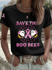 Women's Breast Cancer Awareness Save The Boo Bees Print Casual T-Shirt