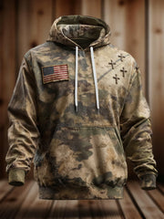 Men's Faith Cross American Flag Print Oversized Drop-Shoulder Hoodie with Pockets