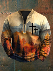 Men's Fall Faith Print Casual Zip-Up Sweatshirt