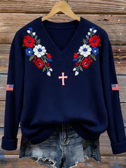 Women's Autumn Faith Patriotic Casual V-Neck Knit Top