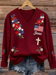 Women's Autumn Faith Patriotic Casual V-Neck Knit Top