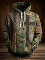 Men's Vintage American Flag Faith Cross Oversized Drop-Shoulder Hoodie with Pockets