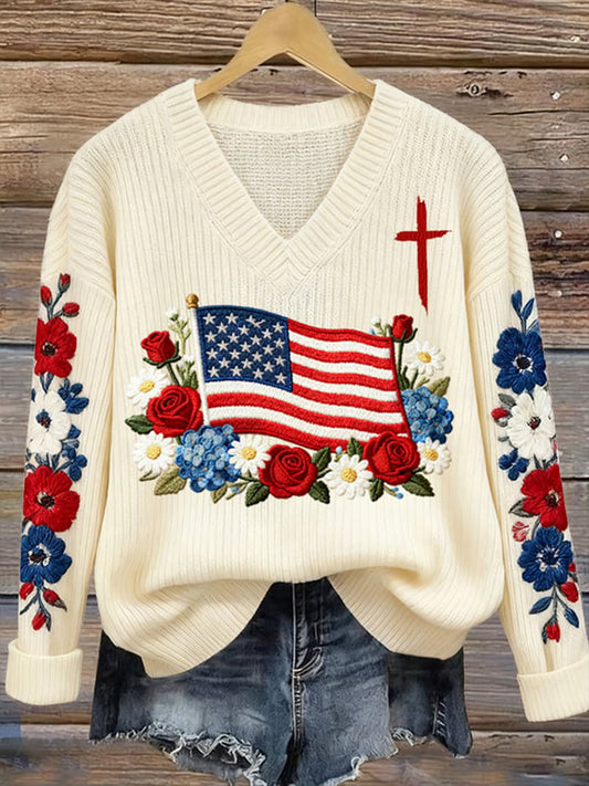 Women's Autumn Faith Patriotic Casual V-Neck Knit Top