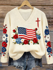 Women's Autumn Faith Patriotic Casual V-Neck Knit Top