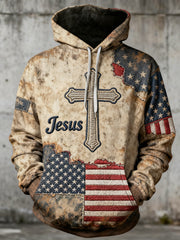 Men's Vintage Jesus Cross Oversized Drop-Shoulder Hoodie with Pockets