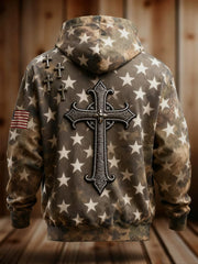 Men's Faith Cross American Flag Print Oversized Drop-Shoulder Hoodie with Pockets