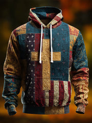 Men's Retro Casual Faith Cross Art Print Oversized Drop-Shoulder Pockets Hoodie