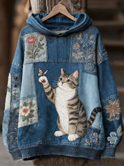 Women's Casual Patchwork Cat Print Hoodie