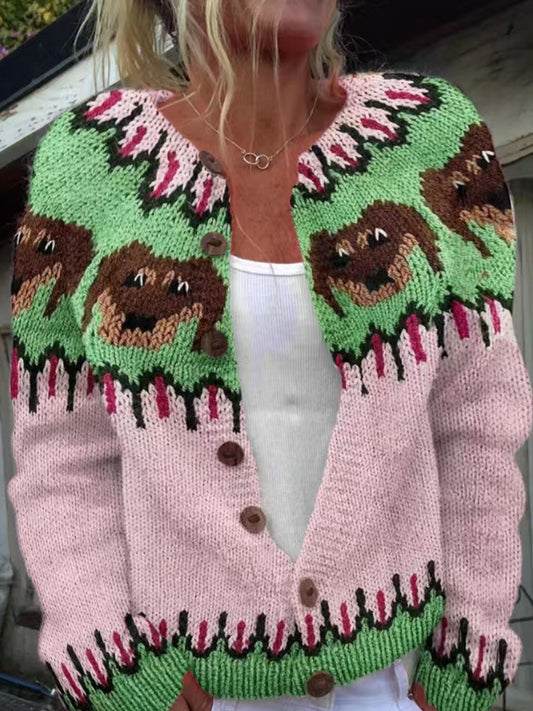 Women's Cute Animal Icelandic Sweater Button Cardigan Chunky Knit Sweater