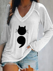 Women's Cat Print V-Neck Long Sleeve T-Shirt