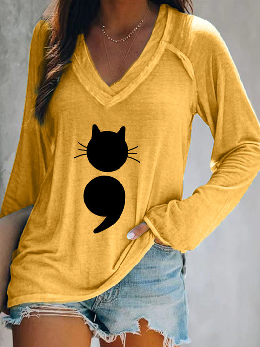 Women's Cat Print V-Neck Long Sleeve T-Shirt