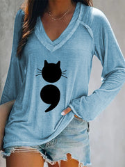 Women's Cat Print V-Neck Long Sleeve T-Shirt