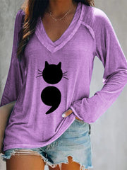 Women's Cat Print V-Neck Long Sleeve T-Shirt