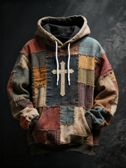 Men's Patchwork of Faith Printed Oversized Drop-Shoulder Hoodie with Pockets