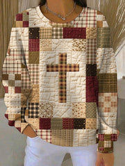 Women's Faith Patchwork Print Ribbed Round-Neck Sweatshirt
