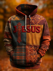 Men's Vintage Faith Cross Art  Oversized Drop-Shoulder Hoodie with Pockets