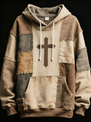 Men's Faith Patchwork Print Oversized Drop-Shoulder Hoodie with Pockets