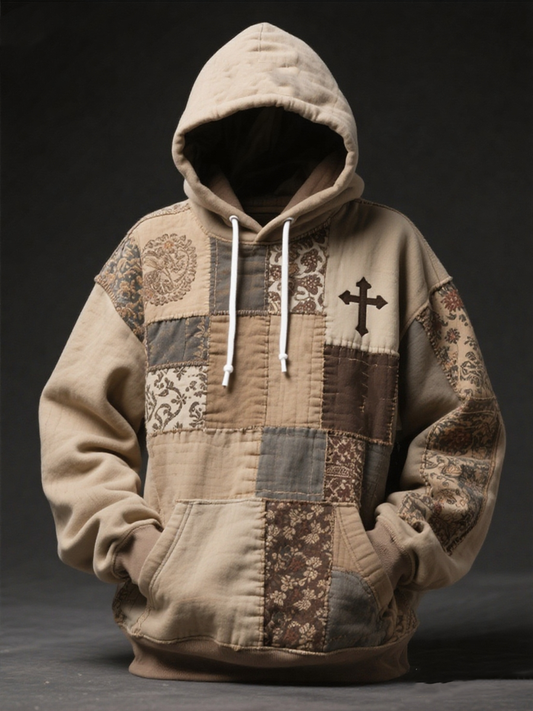 Men's Faith Patchwork Print Oversized Drop-Shoulder Hoodie with Pockets
