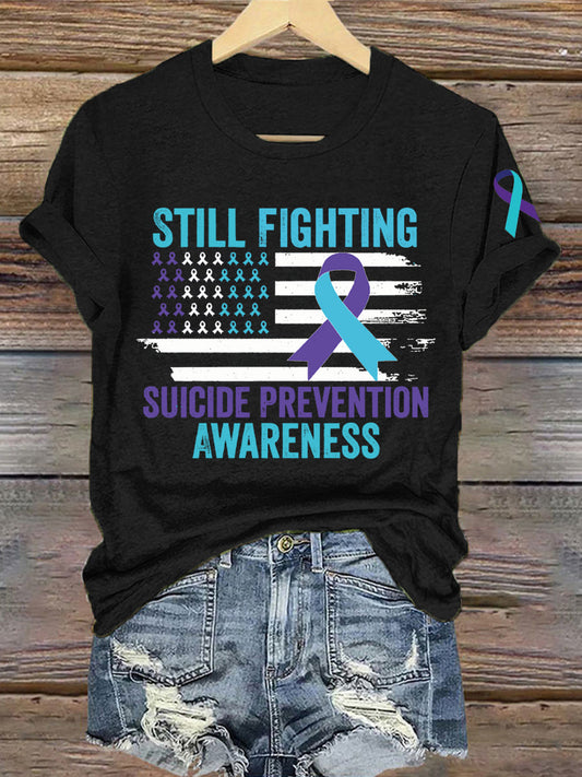 Women's Suicide Prevention Awareness Flag Ribbon Still Fighting Print T-Shirt