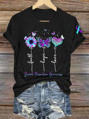 Women's Suicide Prevention Awareness Faith Hope Love Teal & Purple Ribbon T-Shirt