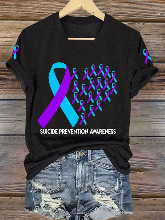 Women's Suicide Prevention Awareness Heart Ribbon Print T-Shirt